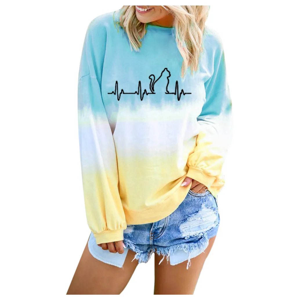 Женская футболка 2019 Женский градиентный контрастный цвет с рисунком кота