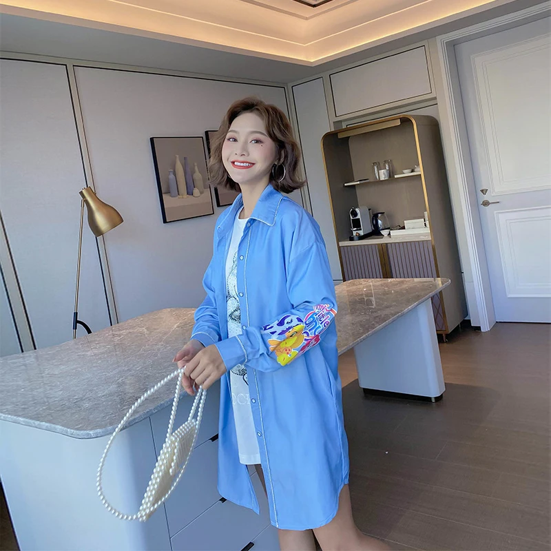 2020 Autumn denim long shirts women fashion beading new arrival | Женская одежда