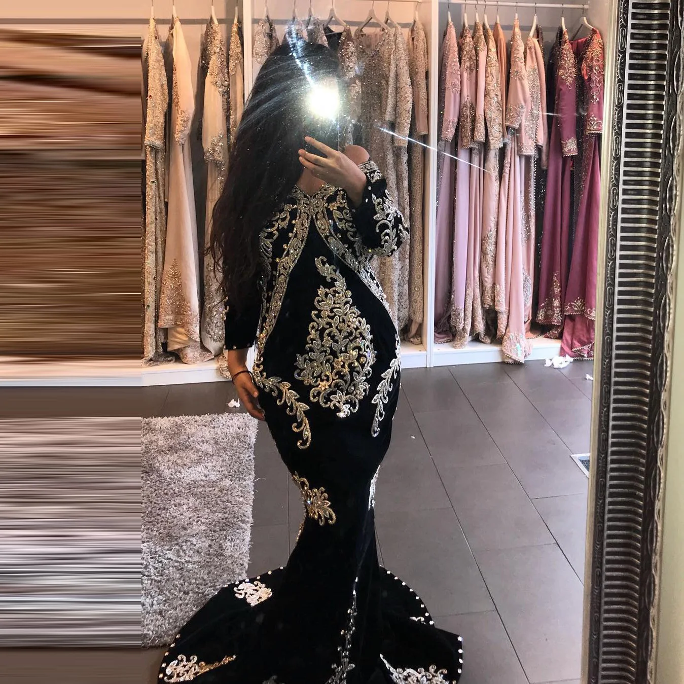 

Sexy Black Mermaid Moroccan Kaftan Evening Dresses Floor Length Appliques Crystals Dubai Islamic Arabic Velour Prom Gowns