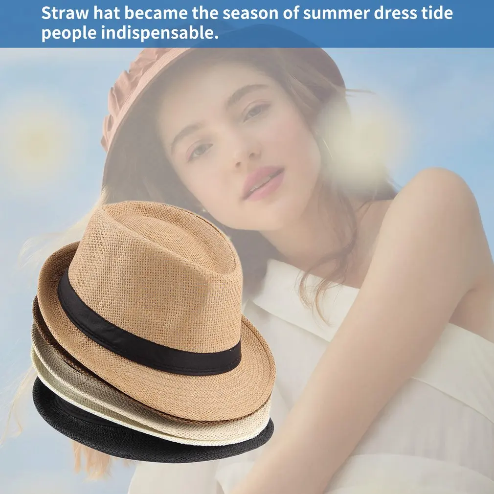 

Summer Bucket Hat Men Women Straw Hat Beach Sunhat Fedora Trilby Straw Panama Gangster Caps Fit For Women Men