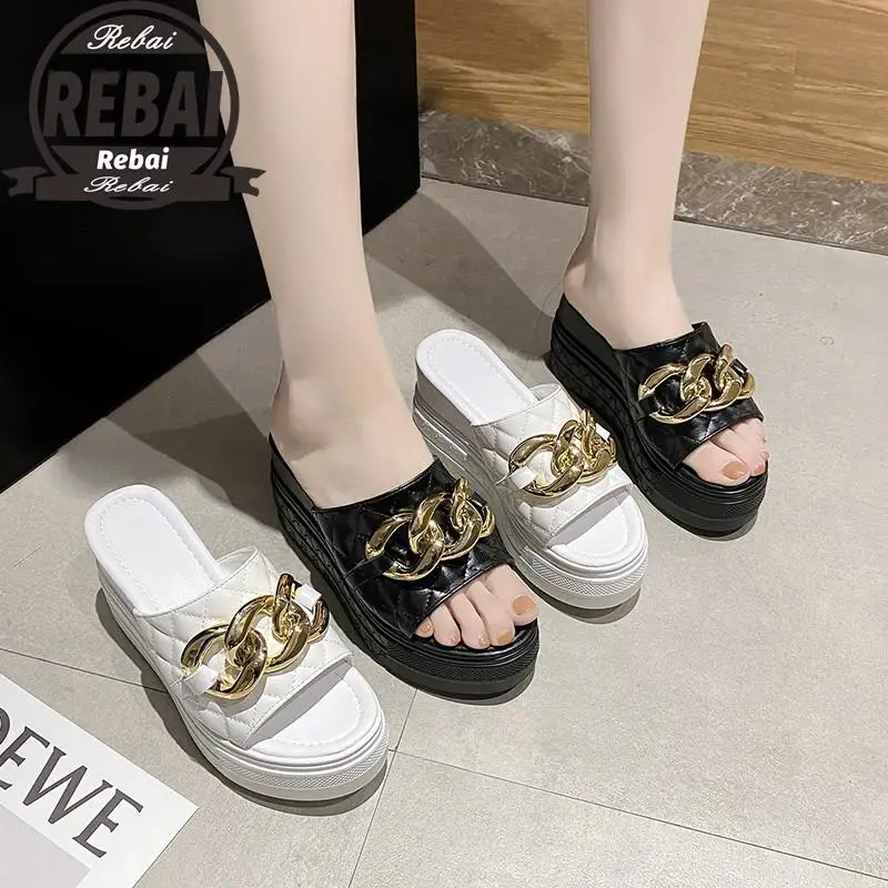 

Women's Summer Chunky Shoes 2021 High Heel Sandals Flip Flops Thick-bottom Chain Slippers Wedge Platform Beach Slides Zapatos