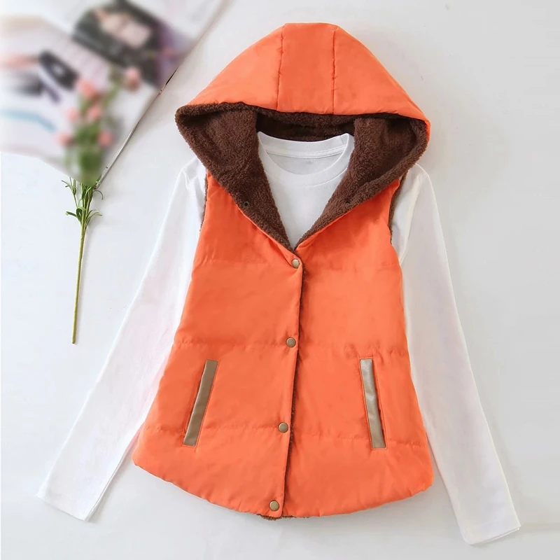

Coral Fleece Hooded Women Vest Jacket Patchwork Sleeveless with Buttons Waistcoat Autumn Winter Coat