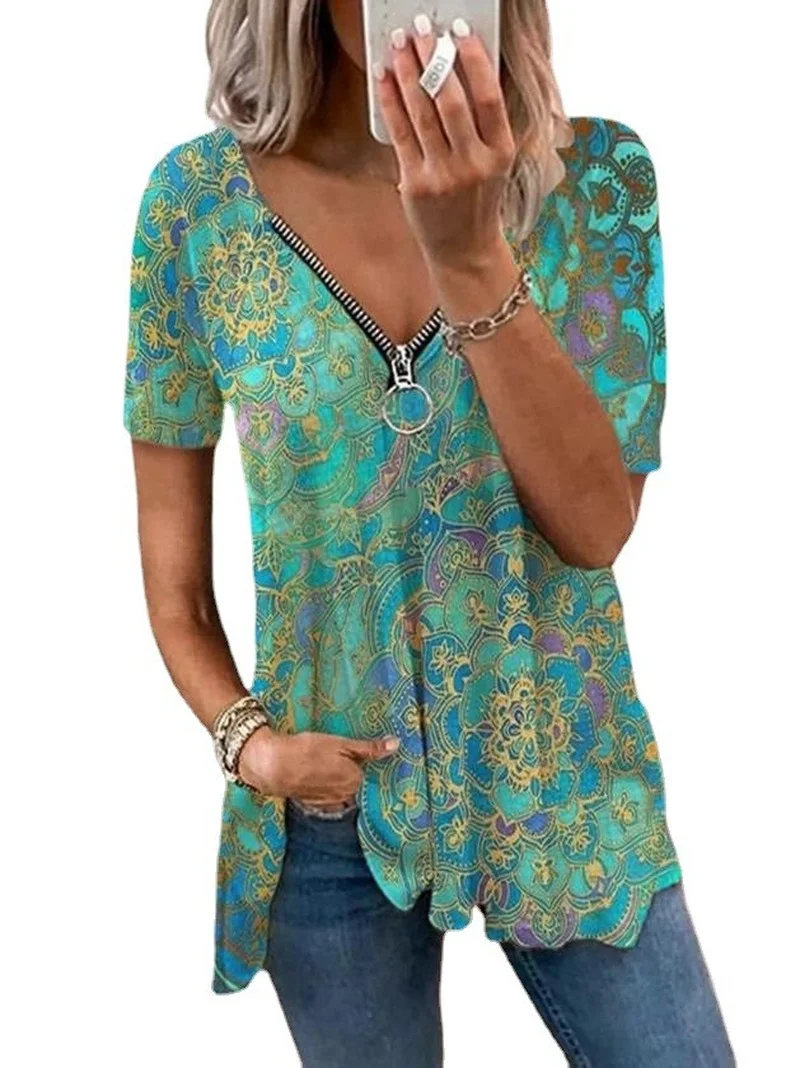 

2021 Summer New Fashion Women Blouse Print V-neck Casual Shirt Loose Short Sleeve Shirts Fashion Female Zipper Blouses Cute Tops