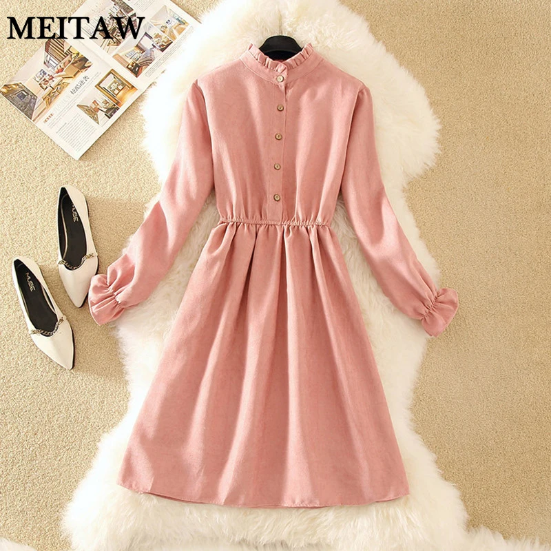 Женское вельветовое платье в стиле ретро Повседневное миди на пуговицах с