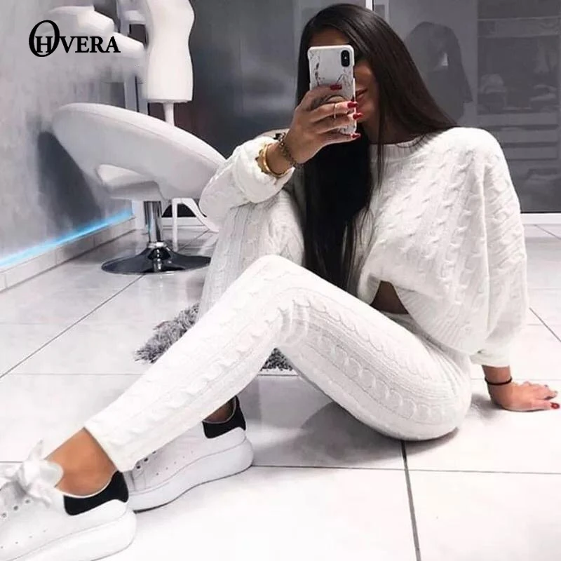 Ohvera вязаный женский комплект 2 шт. с длинным рукавом Топы и длинные брюки низкой