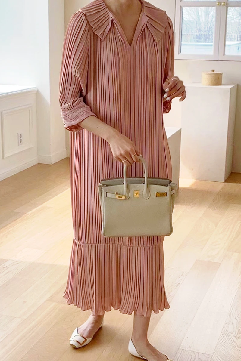 

2021 Summer New Korean Retro Lapels Pleated Loose Solid Color Three-Quarter Length Sleeve Fishtail Long Dress for Women