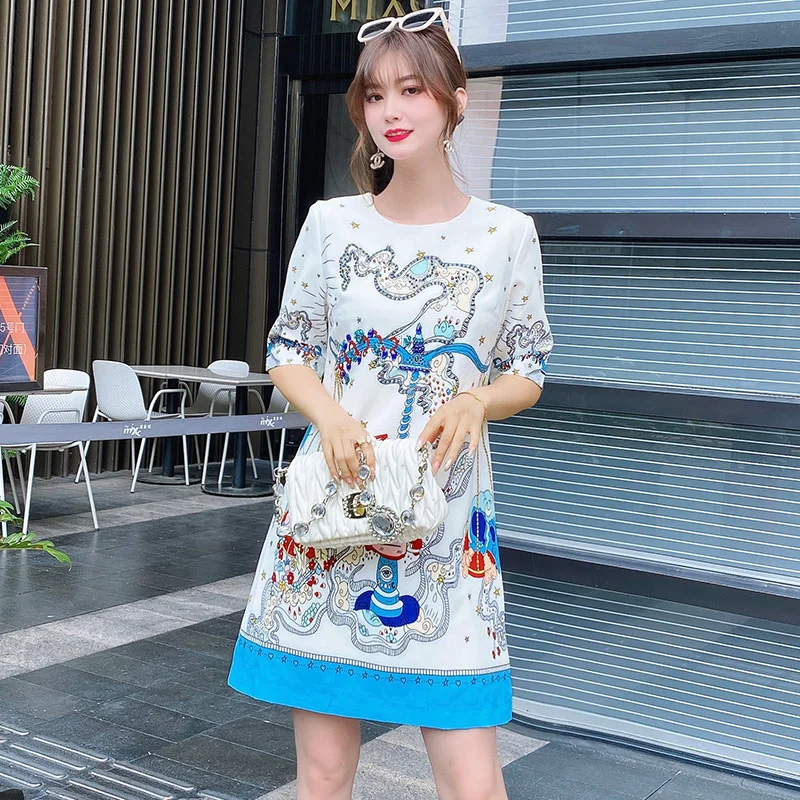 

DIDABOLE Summer New Women'S Gorgeous Diamond Round Neck Short Sleeve Print Vintage Fashion Casual Girls Mini Dress