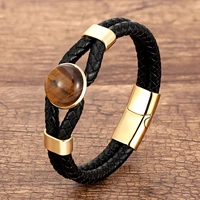 new design vintage leather men bracelets charm stainless steel clasp round natural stone bangles femme jewelry homme bracelet