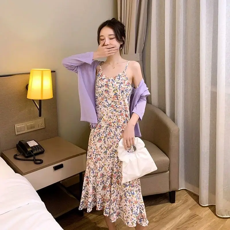 

Floral suspender dress Fairy Print long skirt with thin ruffles in spring and summer