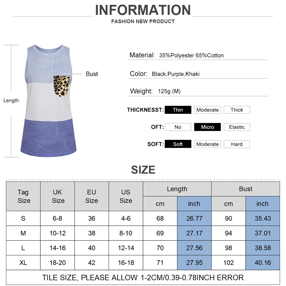 

Women Patchwork Leopard Pockets Sleeveless Tops Casual Summer Fashion Basic Style Vest Round Loose Vest All-match T-shirts D30