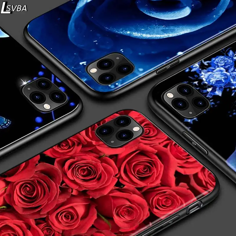 Чехол для iPhone 12 Pro Max Mini 11 XS X XR 6S 6 7 8 Plus 5S с большими розовыми цветами ярко-черный |