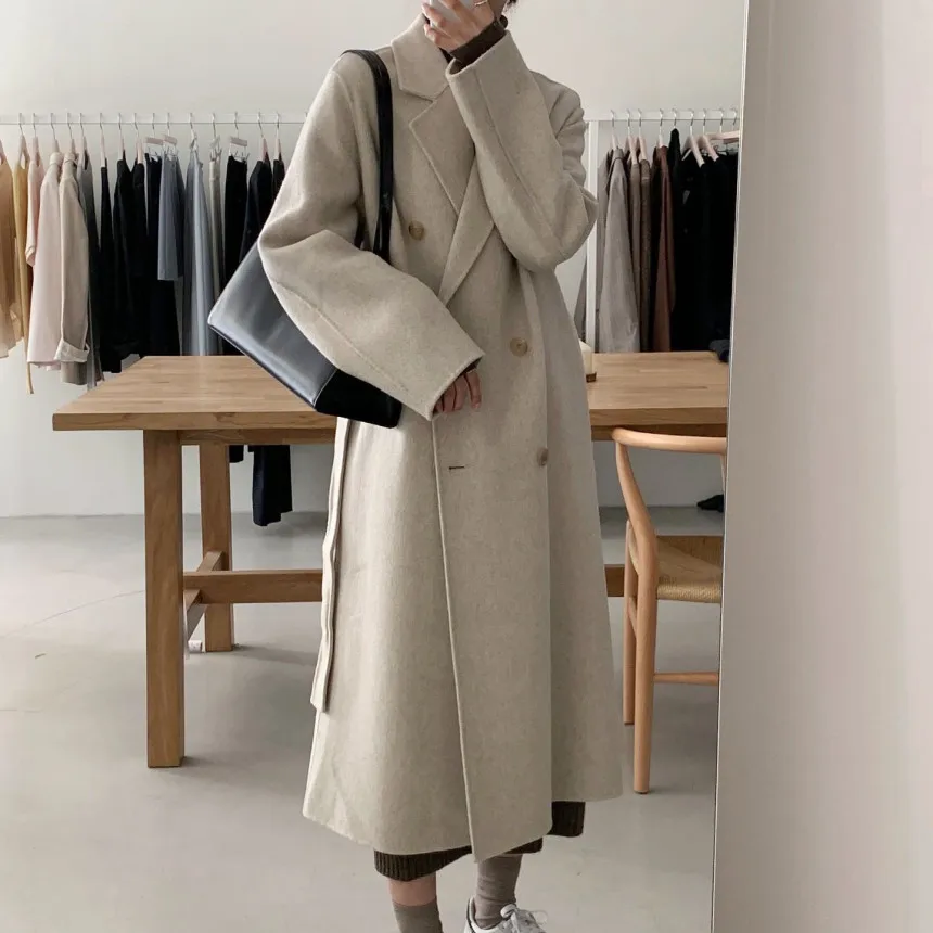 

2021 New Korean Autumn and Winter Simple Double-breasted Wool Trench Coat Loose Casual Long Jacket Overcoats