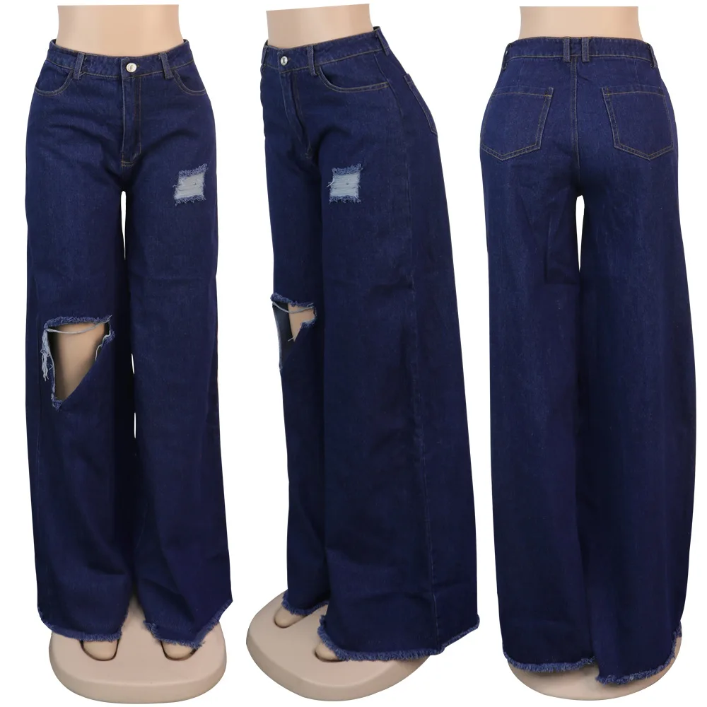 

Europe and the United States casual solid color hole jeans fashion loose button pleated women's wide leg pants