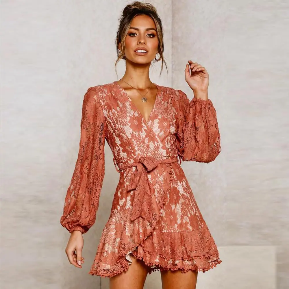 WildPinky Women Autumn Winter Short Dress Female 2020 Fashion Lantern Sleeve Mini White Lace Ruffles Chic Tassels Vestidos | Женская