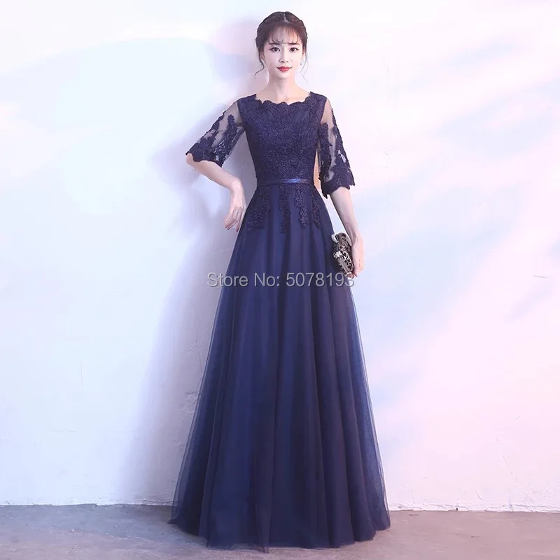 

91610 elegant navy boat-neck half-sleeves natural A-line floor-length tulle long evening dresses/formal gowns applique&belt