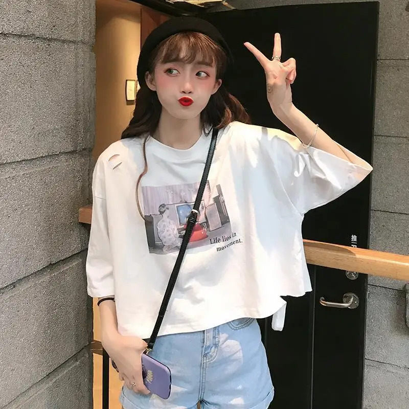 

Summer Short Sleeve White T-shirt Female Student Korean Style Loose Harajuku Style Ins Short Half Sleeve Top Clothes Female