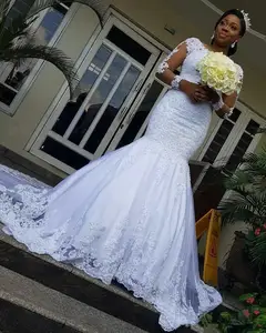 Lace Mermaid Wedding Dresses 2021 New Design African Bridal Gowns Applique Court Train Illusion Long Sleeve Vestido de Novia