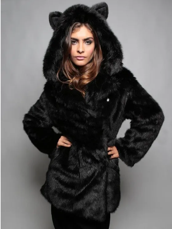 

Winter Faux Fur Coat Warm Female Jacket Hooded Fake Fox Fur Black Coats Women Overcoat Chaquetas Invierno Mujer KJ529