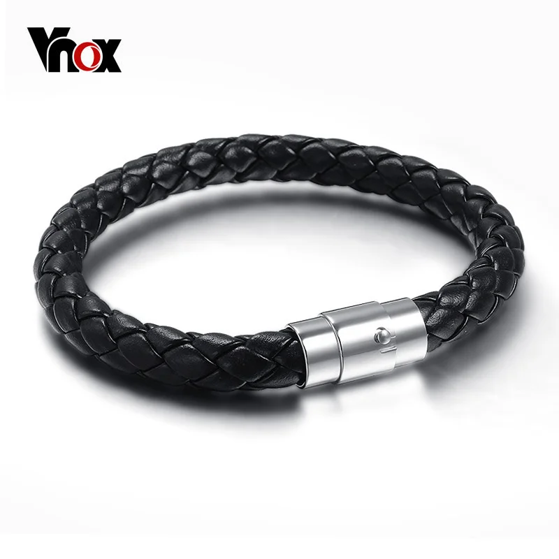 Vnox Classic Black Braided Leather Bracelet for Men Male Jewelry with Stainless Steel Clasp | Украшения и аксессуары