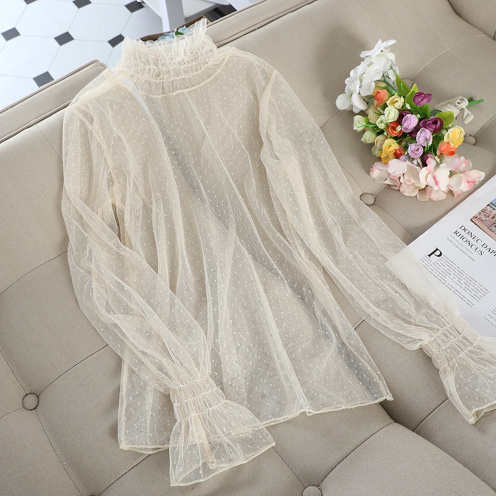 Women Shirt Женская летняя кружевная Базовая рубашка в горошек с расклешенными рукавами, Повседневный пуловер с высокой талией, сетчатая марлевая блузка с оборками и вуалью, топы - Цвет: Women Shirt