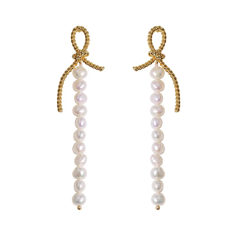 

2021 New Bow Knot Fresh Water Pearl Earring Fmale Contracted Fashion Girl Knot Long Eardrop