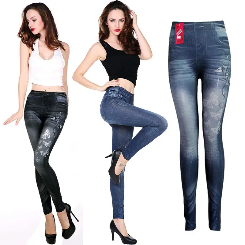 

Women Printed Fake Jeans Leggings Autumn Denim Pants Skinny Faux Jeans Trousers Stretch Skinny Leggings Pencil Pants
