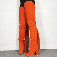 fashion design tassel handmade boots long winter shoes women soft chunky heel over knee boots orange big size 47