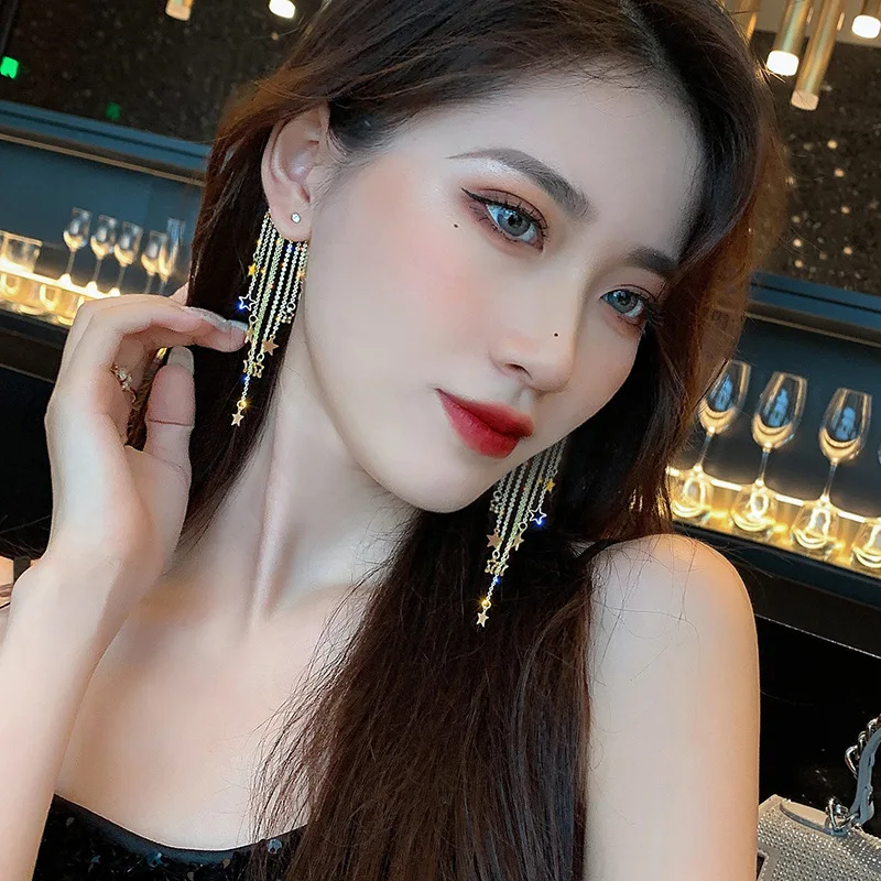 

2020 Fine Star Design Hyperbole Style Kpop Women Drop Earrings Gold Contracted Metal Chain Long Tassel Fashion Jewelry
