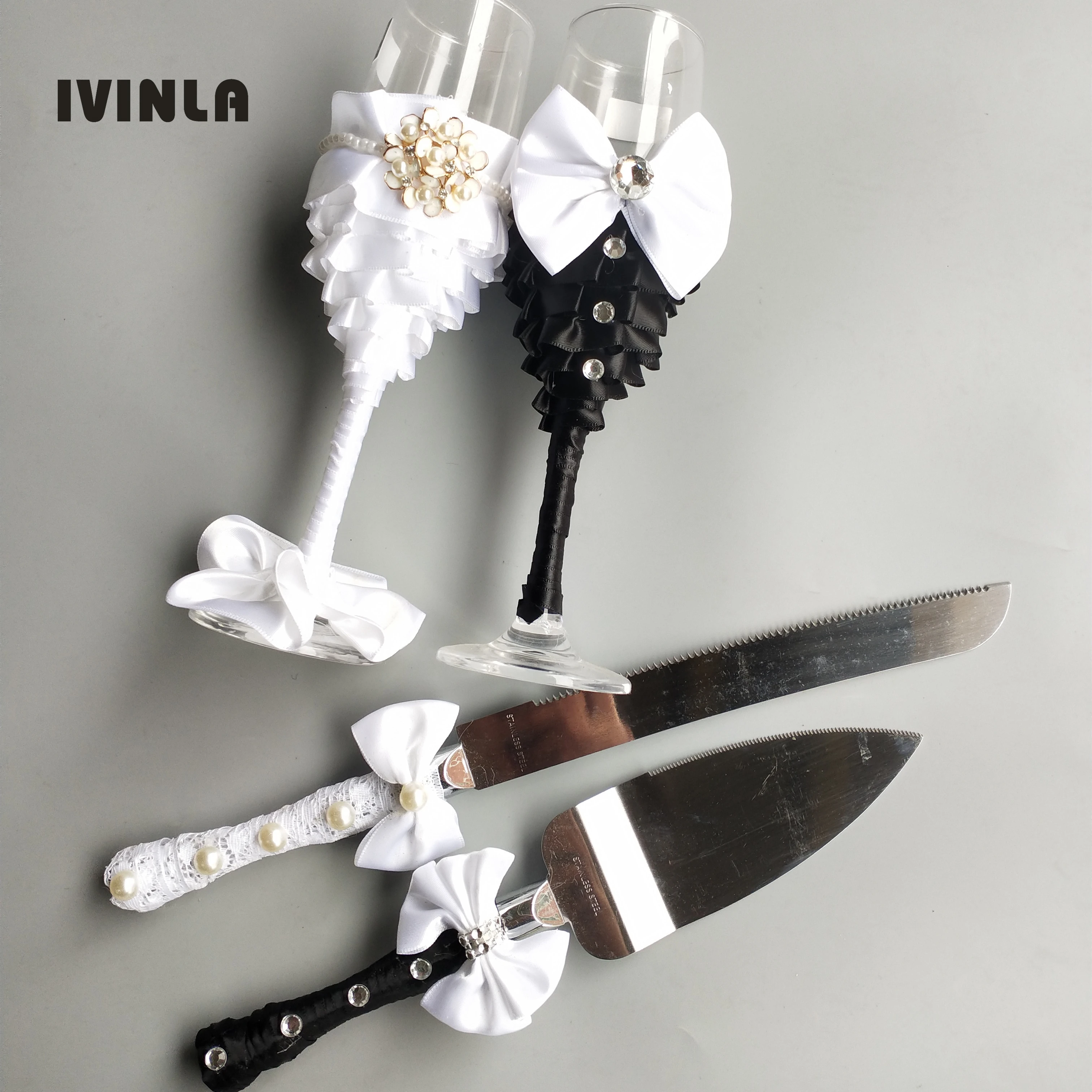

4 pcs/set Wedding Bridal Shower Gift wedding and flower Champagne Toasting Glasses wine cup +diamon Cake knife
