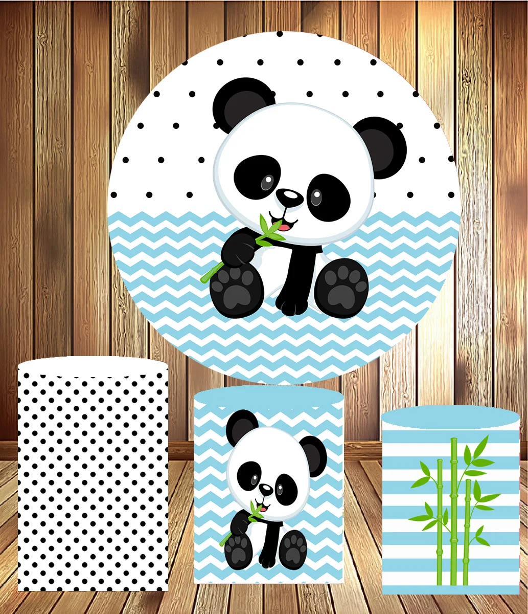 Round circle background birthday mini cake table party decor cute panda blue boy baby shower  fabric 3 cylinder plinth cover