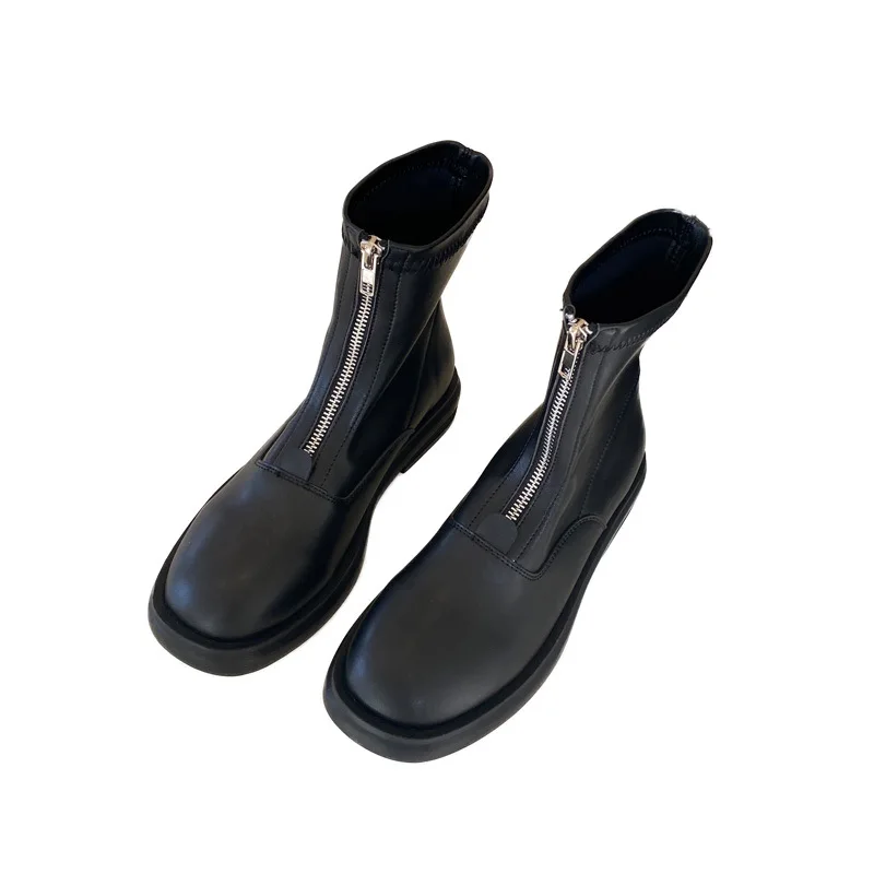 

Women's Motorcycle Boots Genuine Leather Med Heels Round Toe Handsome Zipper Streetwear Winter Women Ankle Middle Boots