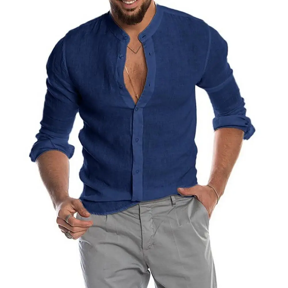 

Men Casual Autumn Long Sleeve Stand Collar Single-breasted Office Shirt T-shirt T shirt Blouse Top Loose Blouse Casual Shirts