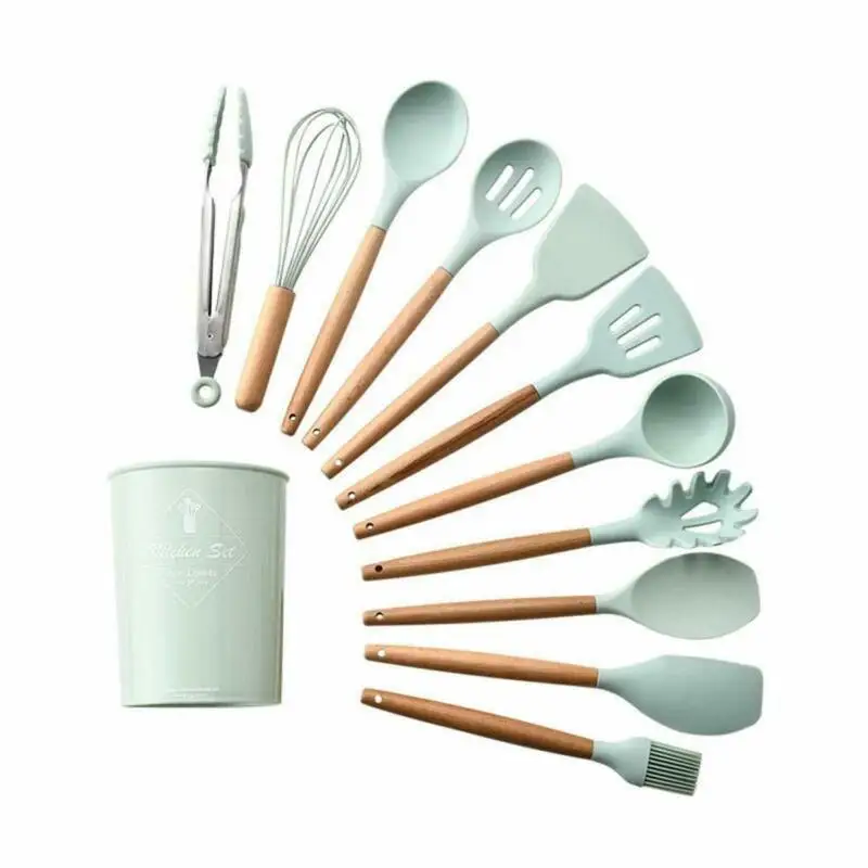 

12PCS Silicone Cooking Utensils Set Non-stick Spatula Shovel Wooden Handle Cooking Tools Set With Storage Box Kitchen Tools