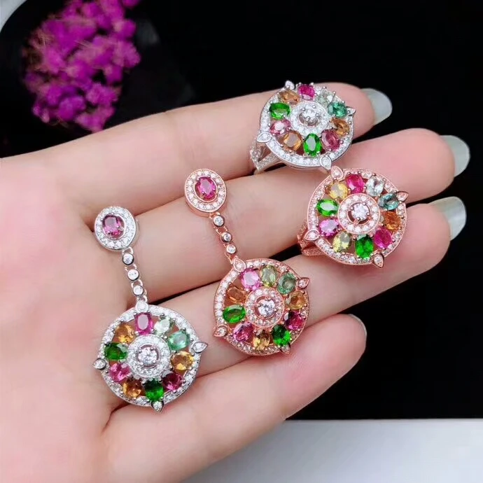 

[MEIBAPJ]NATURAL TOURMALINE GEMSTONE NECKLACE RING FOR WOMEN 925 STERLING SILVER WEDDING FINE JEWELRY SETS