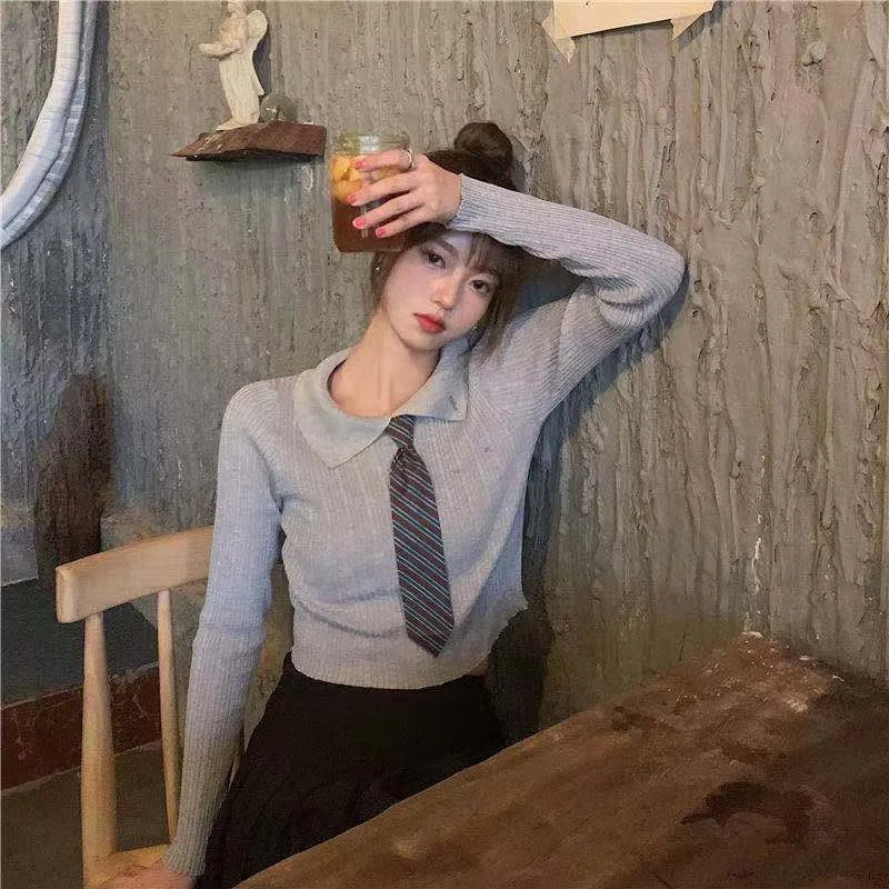 Camiseta de manga larga con cuello de polo retro para mujer, suéter de punto de seda de hielo, top de Camisa ajustada delgada exterior, estilo de Hong Kong, otoño 2021