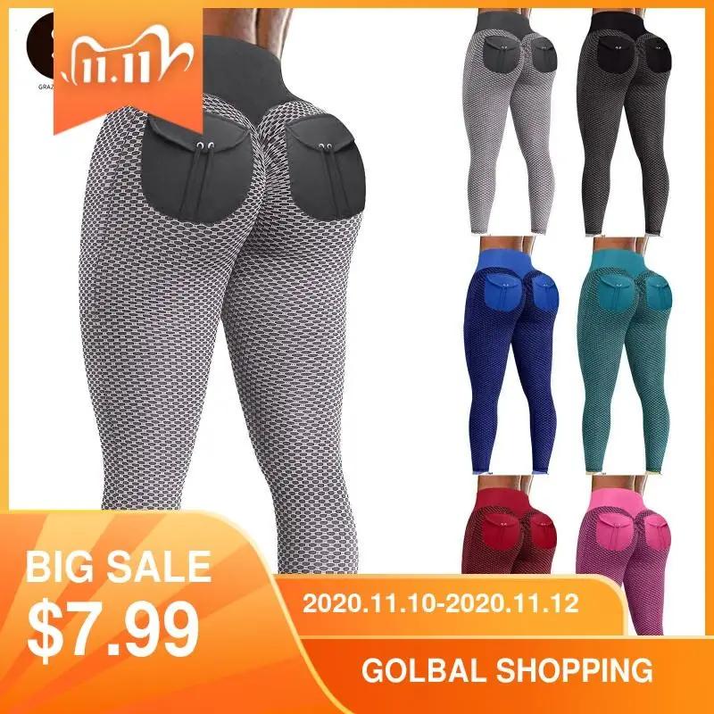 

Bodybuilding Pocket Yoga Pants Sexy High Waist Peach Hip Leggings 6 Color Gym Running Push Up Fitness Pants Women 2021Hot Style