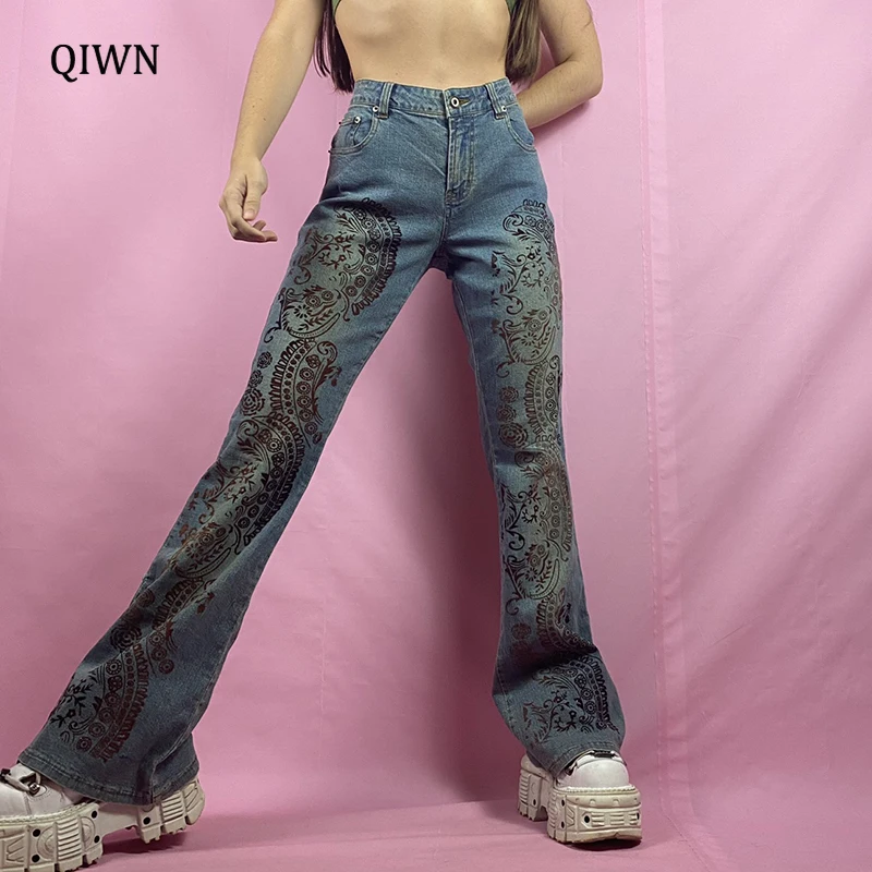 

Graphic Print Flare Jeans Vintage y2k Low Waisted Cargo Pants Grunge Fairycore Fashion Hot Mom Jeans Women Slim Casual