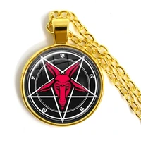 golden plated pentagram necklaces red goat 25mm glass cabochon pendant jewelry for women satanism gothic collier femme gift