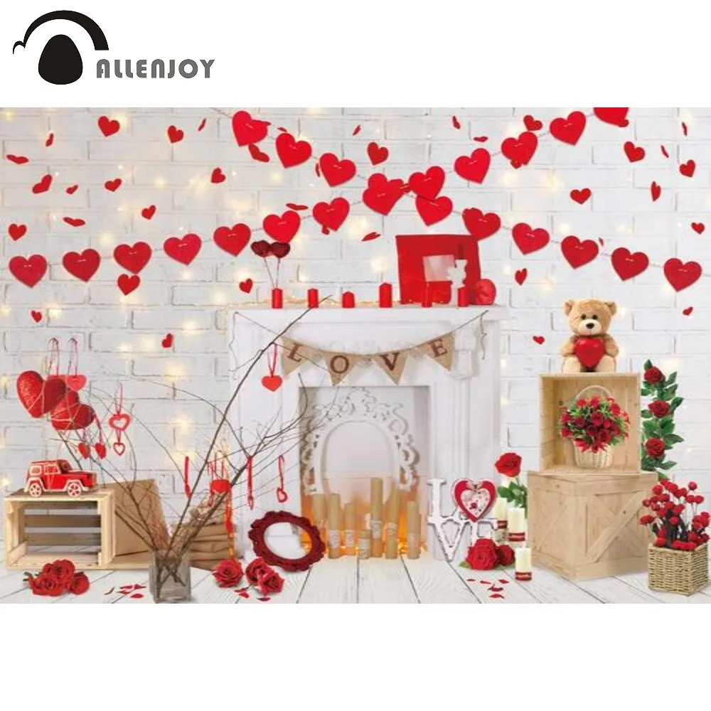 

Allenjoy Valentine's Day Fireplace Backdrop Vintage White Brick Love Heart Party Supplies Props Custom Decor Wallpaper Banner