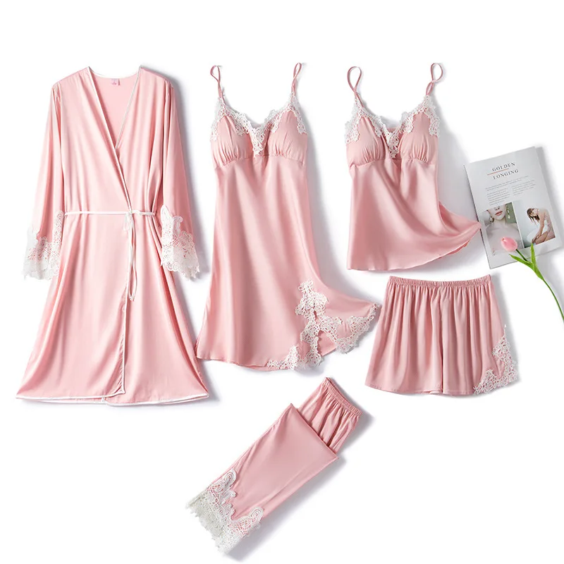 

New Women Pajamas Sets Spring Womens Sexy Strap Top&Pants 5PCS Sleepwear Sleep Suit Casual Satin Lace With Chest Pads Pijamas