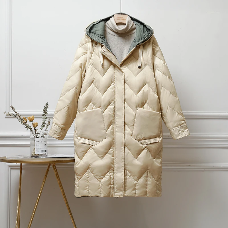 

ZCWXM Winter Women Down Coat Casual Loose 90% White Duck Down Jacket Zipper Pocket Female Feather Long Parkas Warm Outwear New