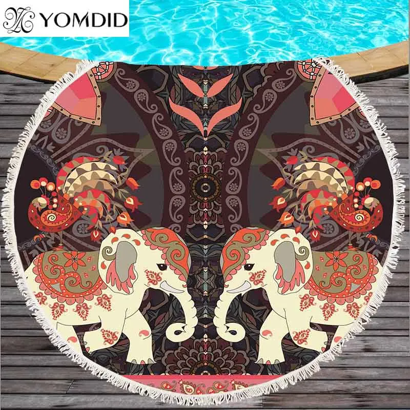 

Elephant Pattern Printed Beach Towels Round Large Towels With Tassel Microfiber Fabric Bohemia Style Bath Towels Shawl Mat 150cm