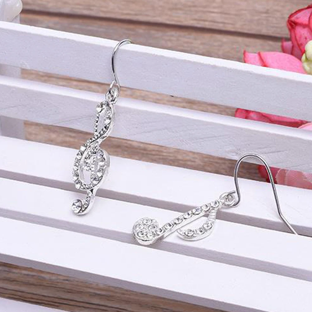 

Fashion Romantic Elegent Drop Earrings Rhinestone Asymmetriy Musical Note Silver Color Jewelry For Women Girl Party Wedding