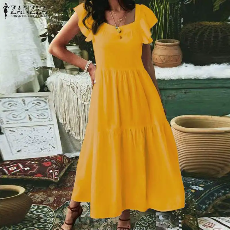 

Womens Beach Solid Long Dress 2021 Summer Short Sleeve Vestidos Casual A Line Dresses ZANZEA Spliced Ruffle Robe Femme