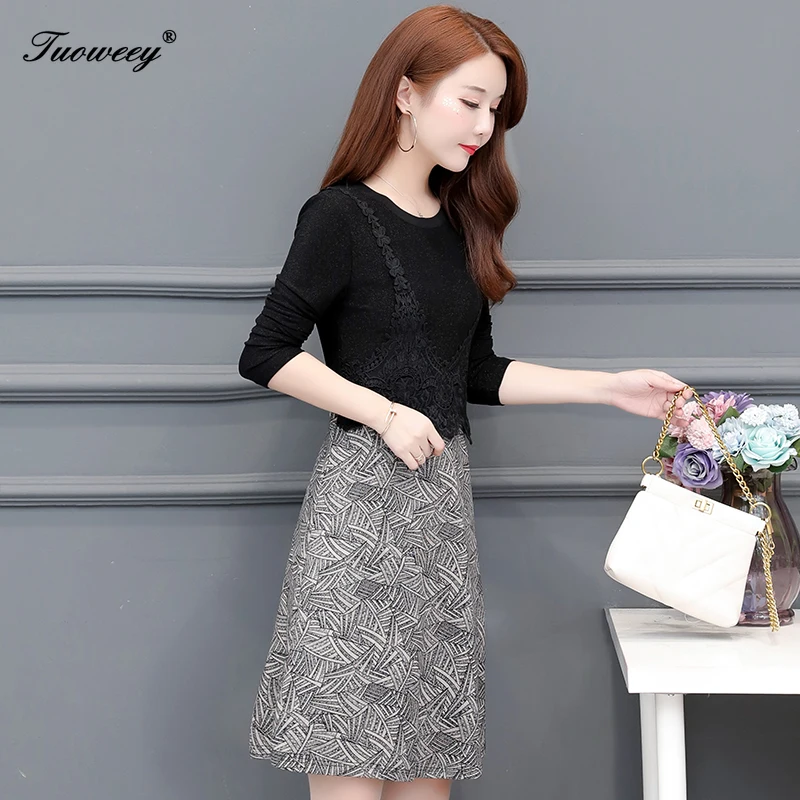 

2020 Autumn Spring Style Floral Patchwork Plus Size Mini Dresses Women Elegant Korean Tshirt Dress Lace Long Sleeve Vestidos