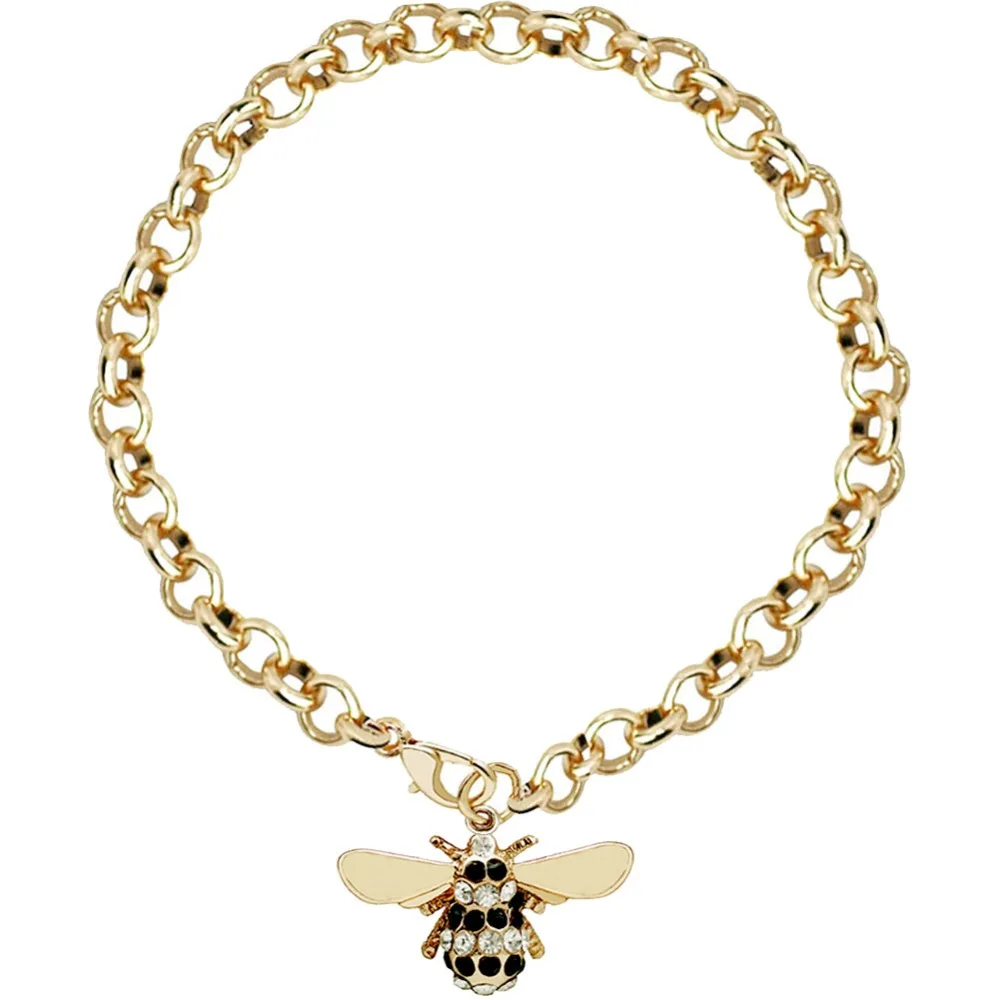 Женский браслет с милыми медовыми пчелками золотого цвета фианитами и цепочкой