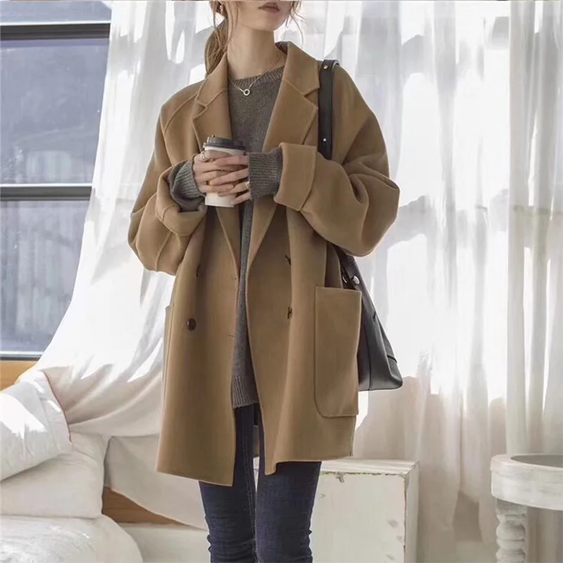 

New Women Retro Cashmere Collar Loose Fit Cotton Coat Casual Striped Double Breasted Long Coats Outwear Thickness wool coat