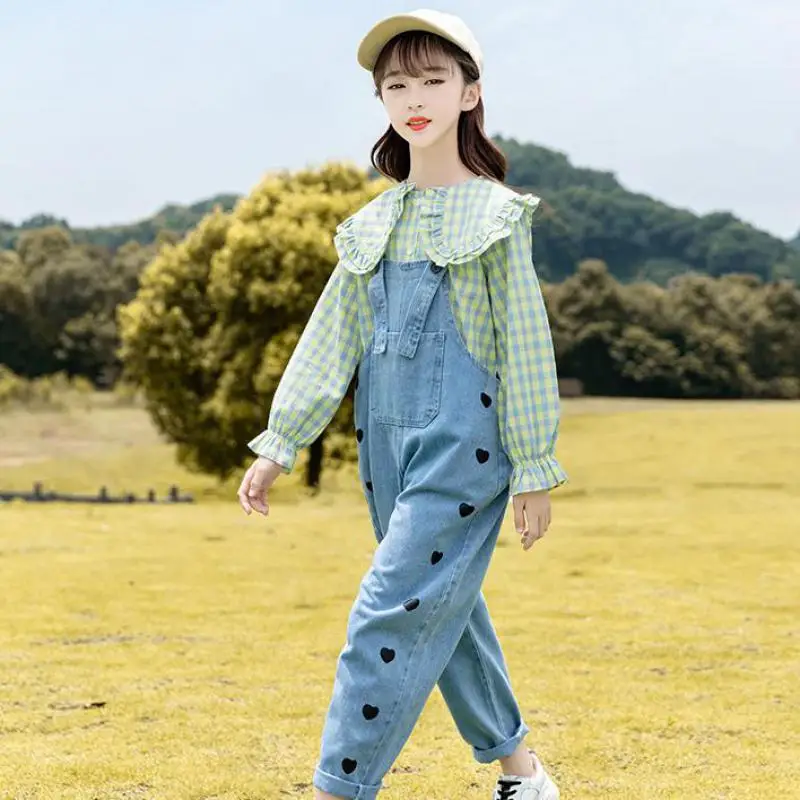 

2 Piece Plaid Shirts And Denim Overalls Outfits Suits For Girls Autumn Spring 2PCS Blouse And Jeans Sets For Children Teens