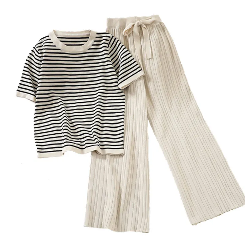 

Knitted summer Autumn Office Lady 2 Piece Set Women Pants Elastic Waist Striped O-neck Tshirt Two Piece Set Pants