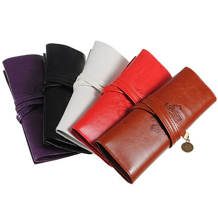 

1PC Retro Portable Makeup Pen Pencil Case Roll Waterproof PU Leather Purse Pouch Pencil Bag Storage Bags School Office Supplies